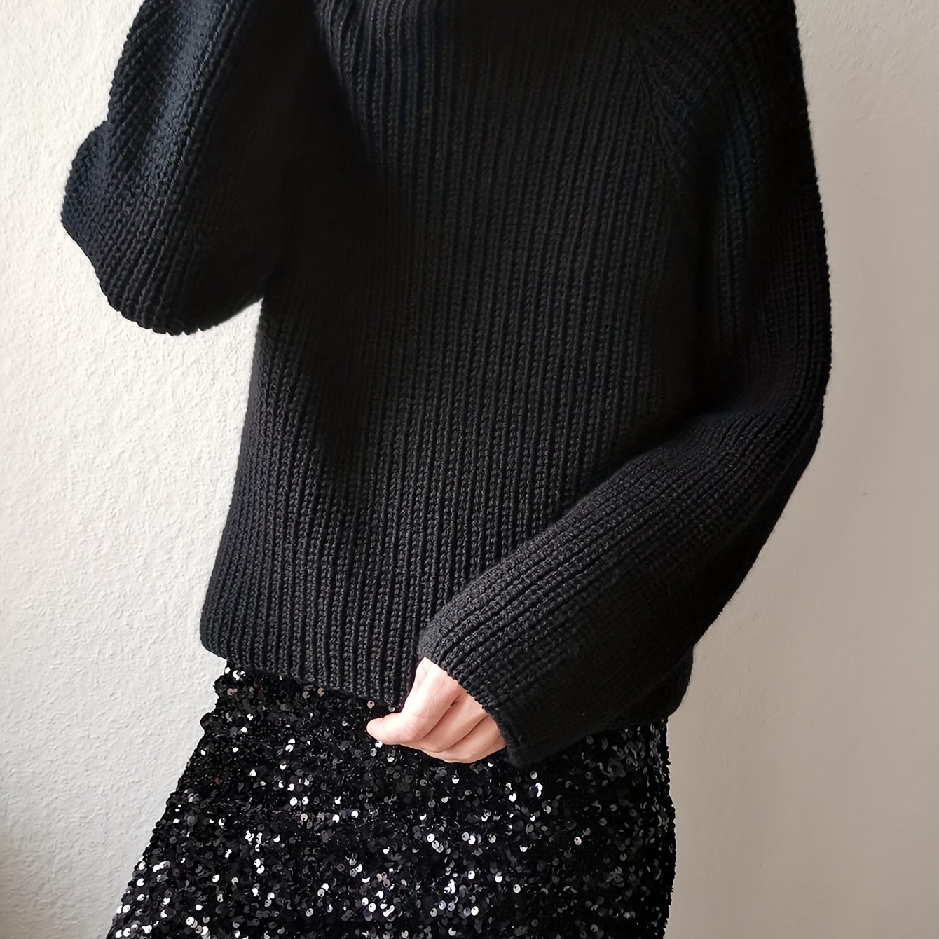 TEMU Damski sweter z wysokim dekoltem w stylu vintage - przytulny top z długim rękawem z teksturą prążkowaną, czarny, idealny na zimę i na co dzień,