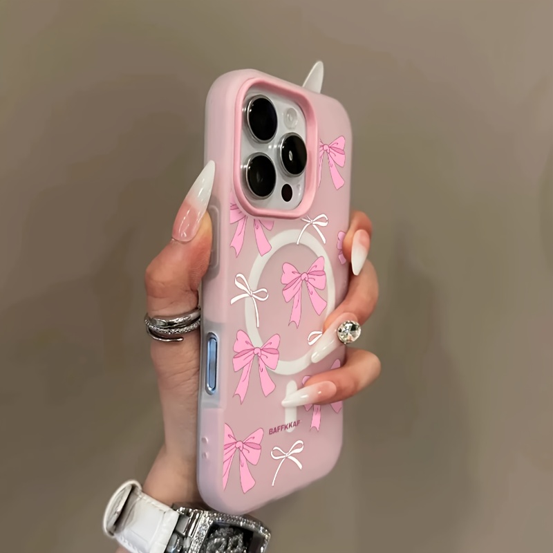TEMU Różowa Kokarda, Minimalistyczne Etui na Telefon z Magnetycznym Ładowaniem Bezprzewodowym w Kolorach Makaronu, Dwa w Jednym - Idealne na