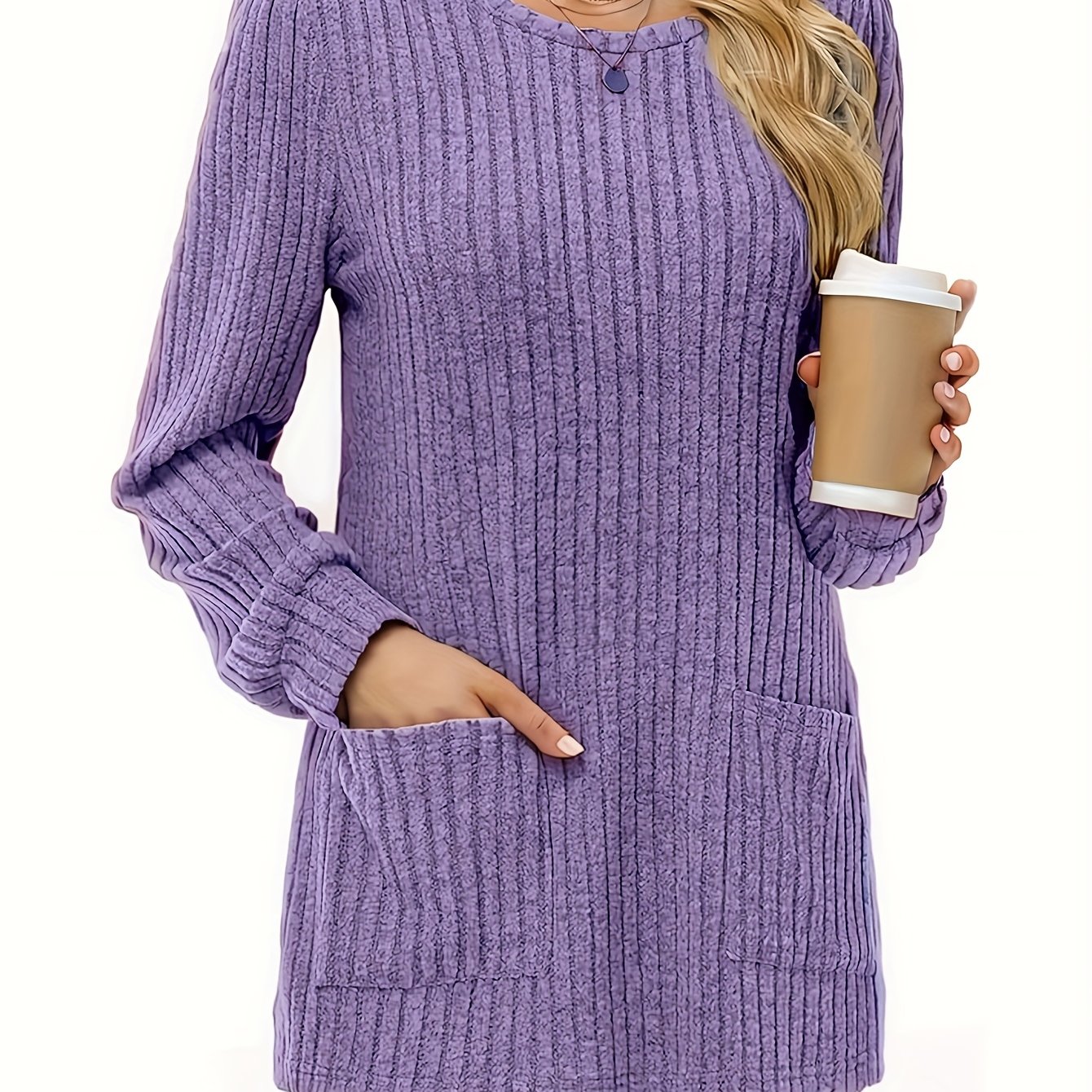 TEMU Sweter damski z długim rękawem i okrągłym dekoltem, luźny modowy sweter na jesień i zimę, damski sweter