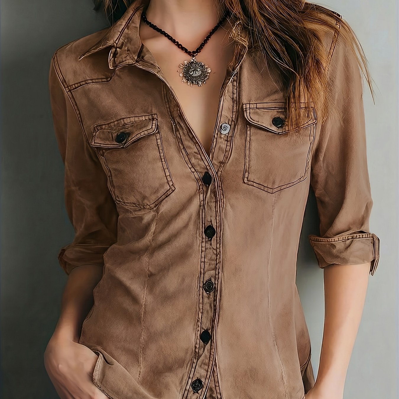 TEMU wiosenna kolekcja damskich, codziennych, vintage koszul roboczych z długim rękawem zapinanych na guziki