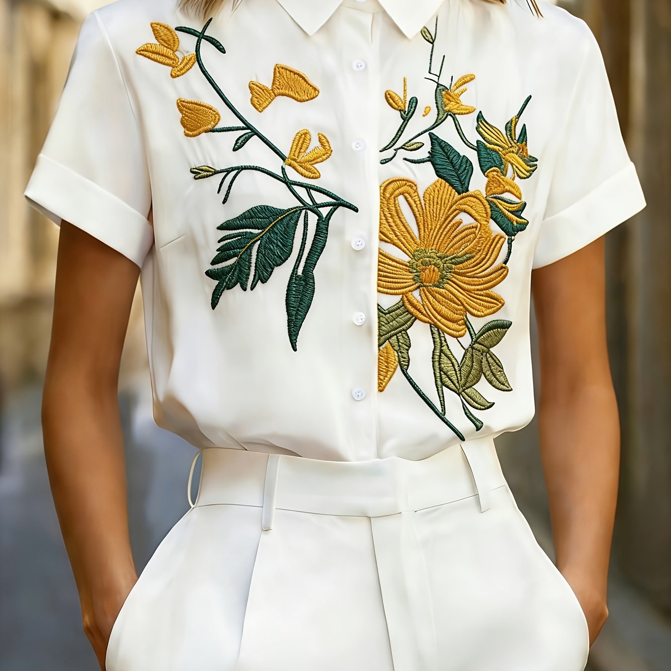 TEMU Casualowa, Wszechstronna, Elegancka Koszulka z Krótkim Rękawem i Haftem, Wyszukany Haftowany Top z Dekoltem w Serek, Odzież Damska