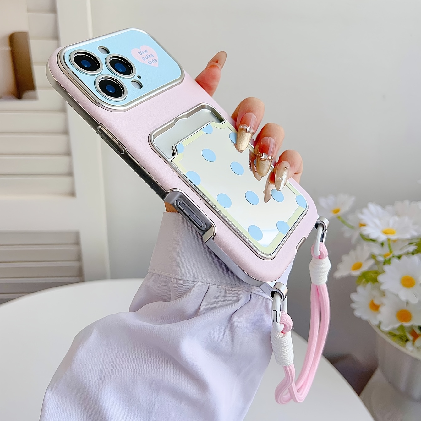 TEMU Etui na telefon w kolorze niebieskim w kropki z lanyardem, miejscem na karty i lusterkiem, pełna ochrona, styl dziewczęcy, kompatybilne z Apple