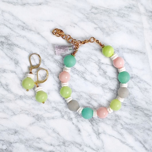 HOT TREND : komplet : bransoletka, kolczyki : pastelle : jadeit 10mm