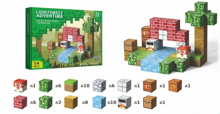 Klocki magnetyczne sześciany Ruiny z drzewem 54 elementy - klocki