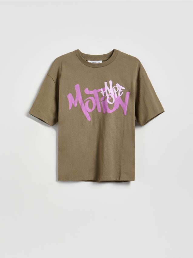 Reserved - Bawełniany t-shirt z nadrukiem - warm olive