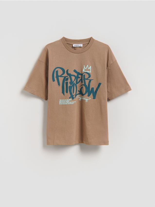 Reserved - Bawełniany t-shirt z nadrukiem - brązowy