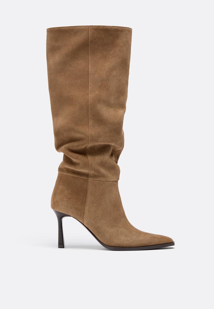 Stradivarius Wysokie skórzane kozaki na szpilce slouchy BEŻOWY 39