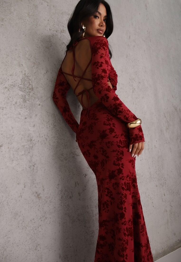 Czerwona Sukienka VICES Bodycon z Siateczki Ozdobionej Wzorem w Kwiaty Rivita