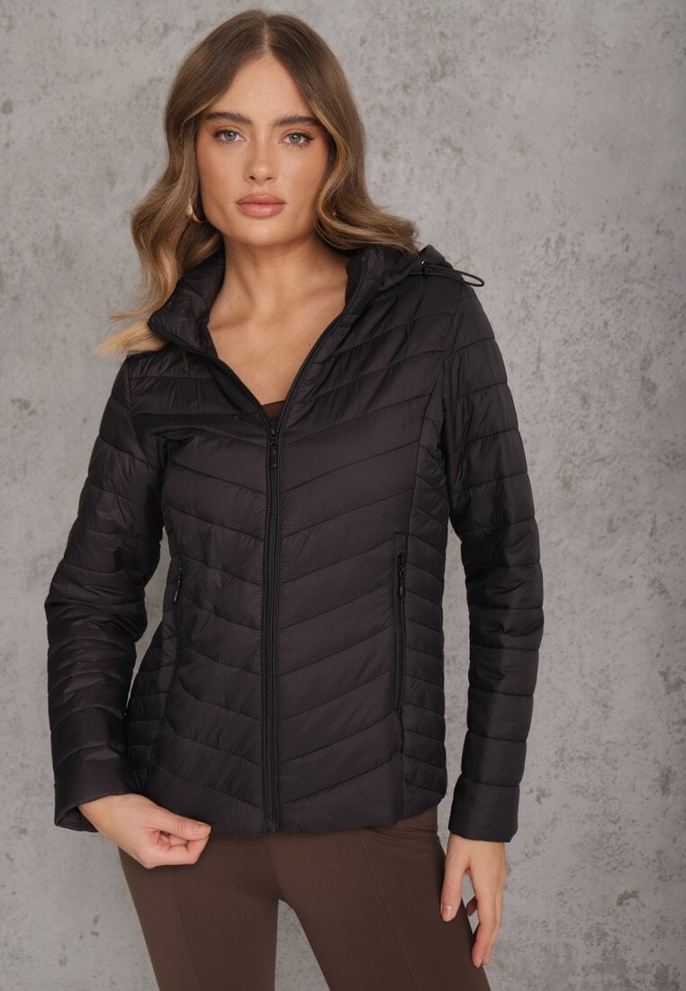 Czarna Kurtka Przejściowa z Pikowaniem i Odpinanym Kapturem Edielitia