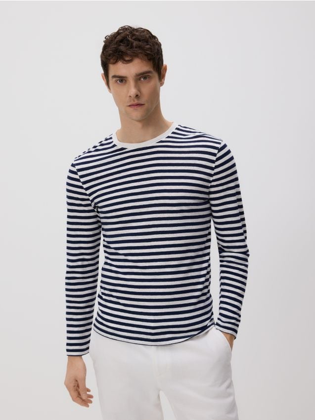 Reserved - Dzianinowy longsleeve z dodatkiem lnu - granatowy