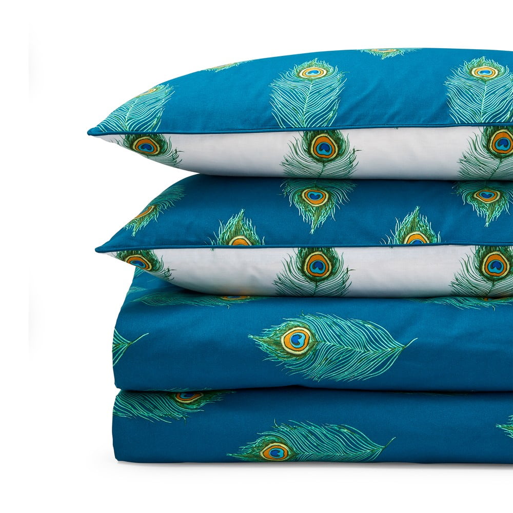 Biało-zielononiebieska bawełniana pościel dwuosobowa 200x200 cm Peacock Feather – Their Nibs