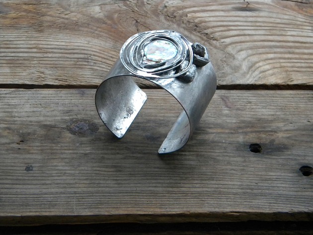 Perła / kwarc dymny - bransoleta mankiet - cuff