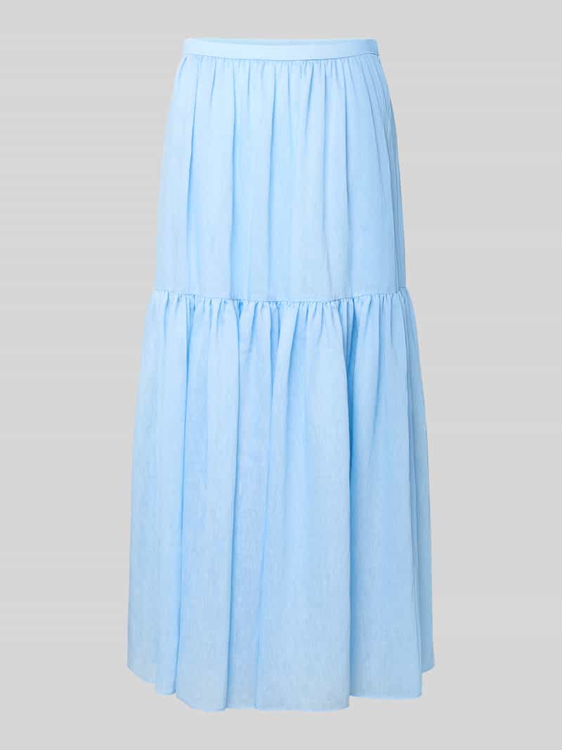 długa spódnica z dołem obszytym falbaną i bocznym zamkiem błyskawicznym