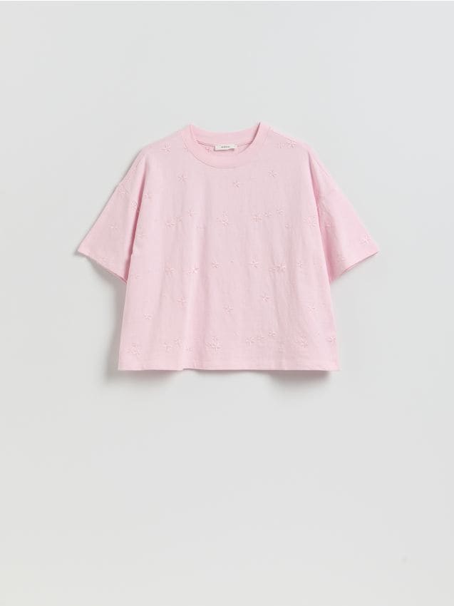 Reserved - T-shirt z haftem - pastelowy róż