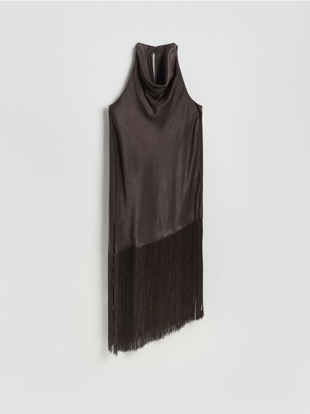 Reserved - Sukienka z frędzlami - ciemnobrązowy