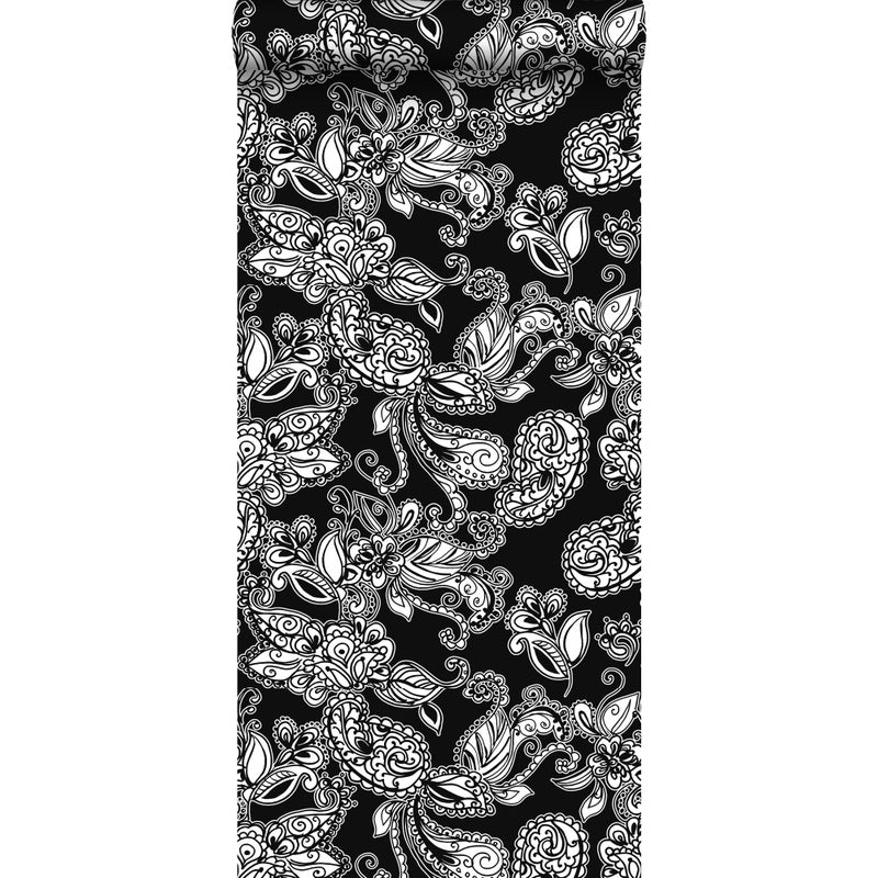 Tapeta funky kwiaty i paisleys czarnymIbiałym - 53 cm x 10.05 m - ESTAHOME