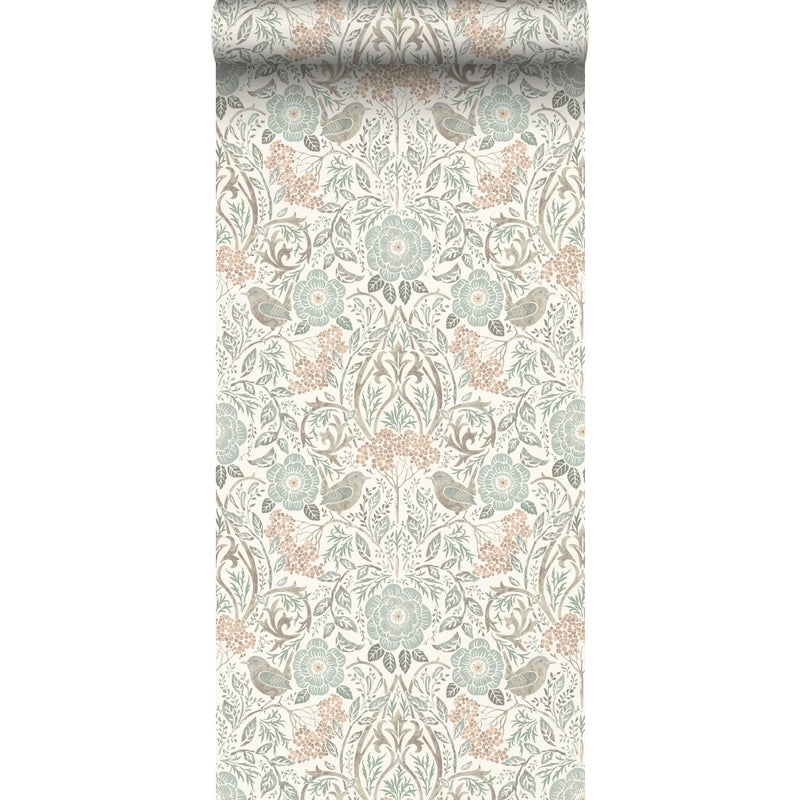 Tapeta kwiaty i ptaki w stylu secesyjnym szaro zielonym,brązowymIbrzoskwiniowego różu - 53 cm x 10.05 m - ESTAHOME