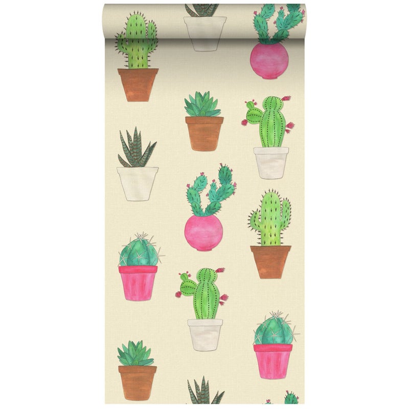 Tapeta XXL kaktusy zielonym,różowymIbeżowym - 50 x 900 cm - ESTAHOME