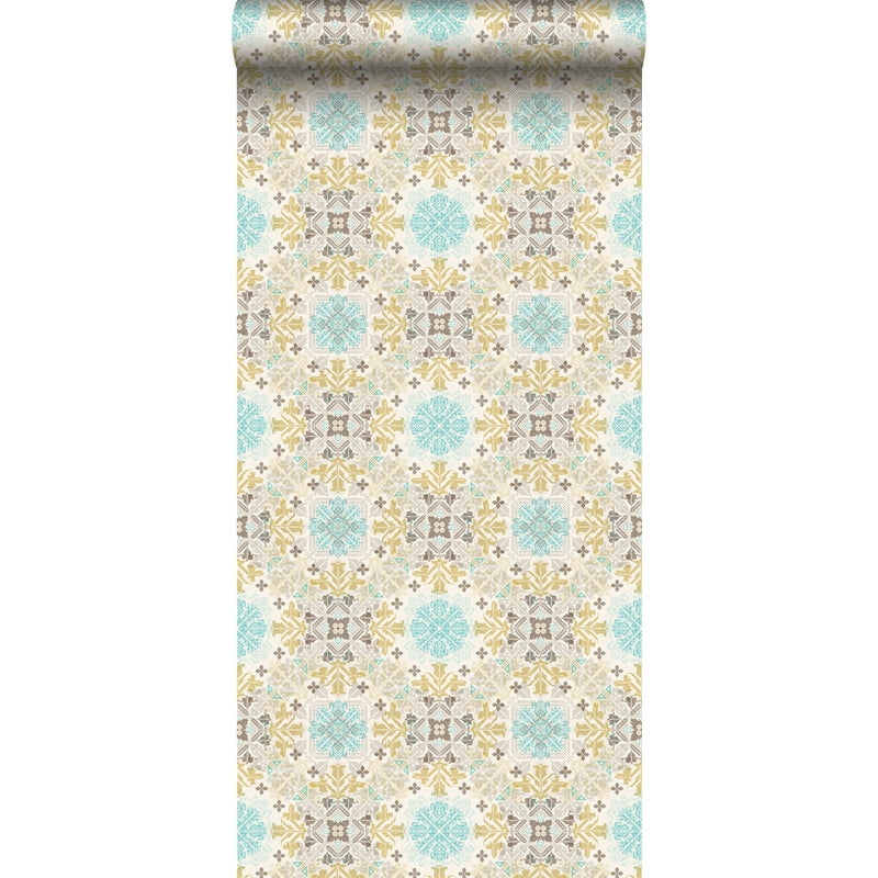 Tapeta XXL haft ludowy beżowymIturkusowym - 50 x 900 cm - ESTAHOME