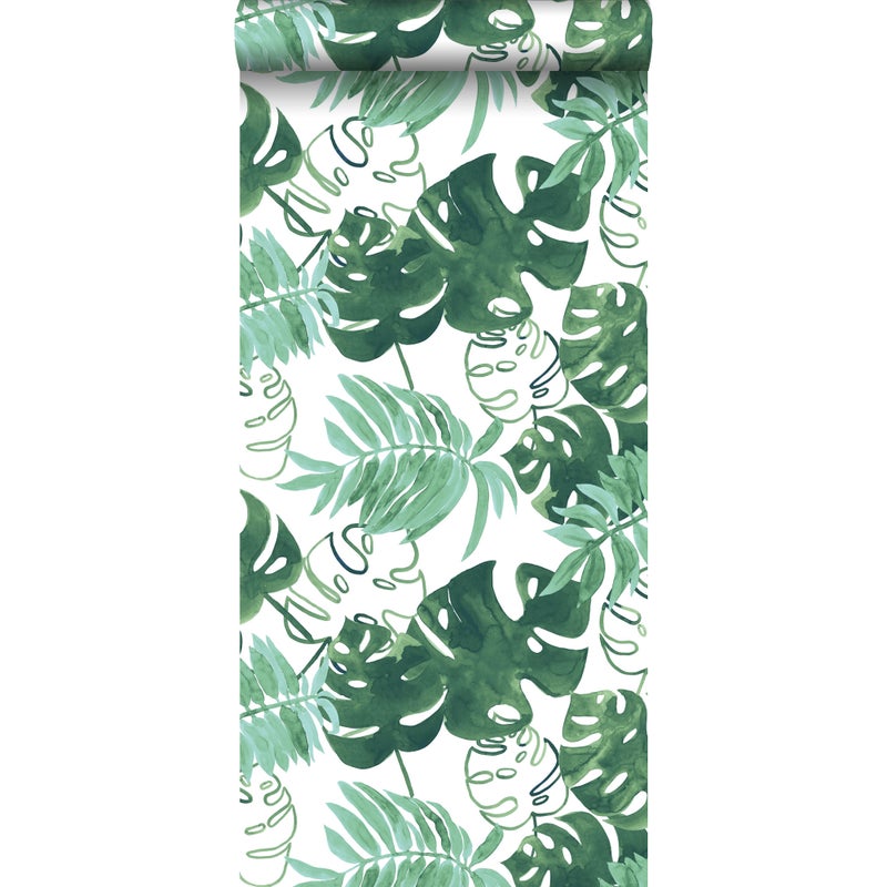 Tapeta malowane tropikalne liście dżungli szmaragdowej zieleni - 53 cm x 10.05 m - ESTAHOME