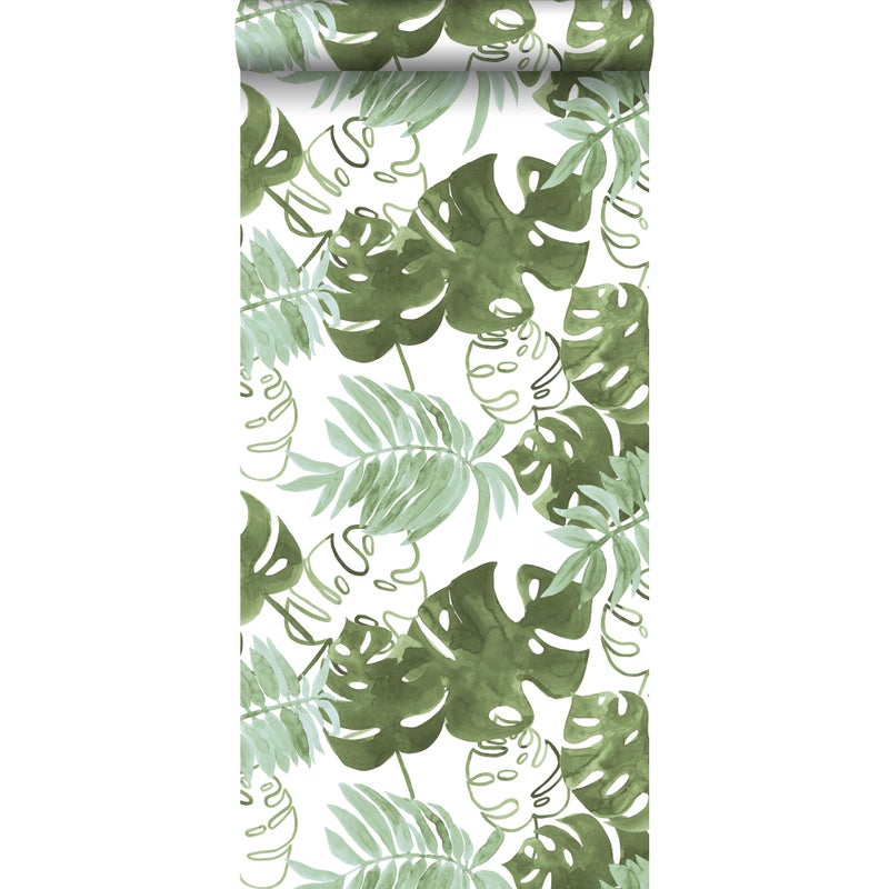 Tapeta malowane tropikalne liście dżungli szaro-oliwkowym - 53 cm x 10.05 m - ESTAHOME