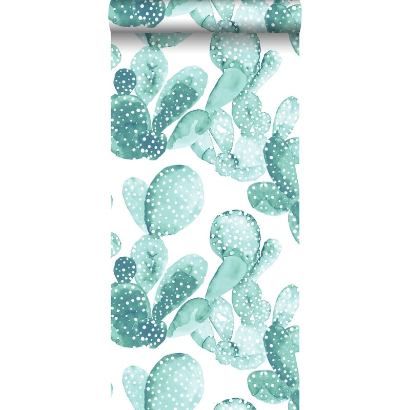 Tapeta kaktusy malowane akwarelą szaro-turkusowym - 53 cm x 10.05 m - ESTAHOME