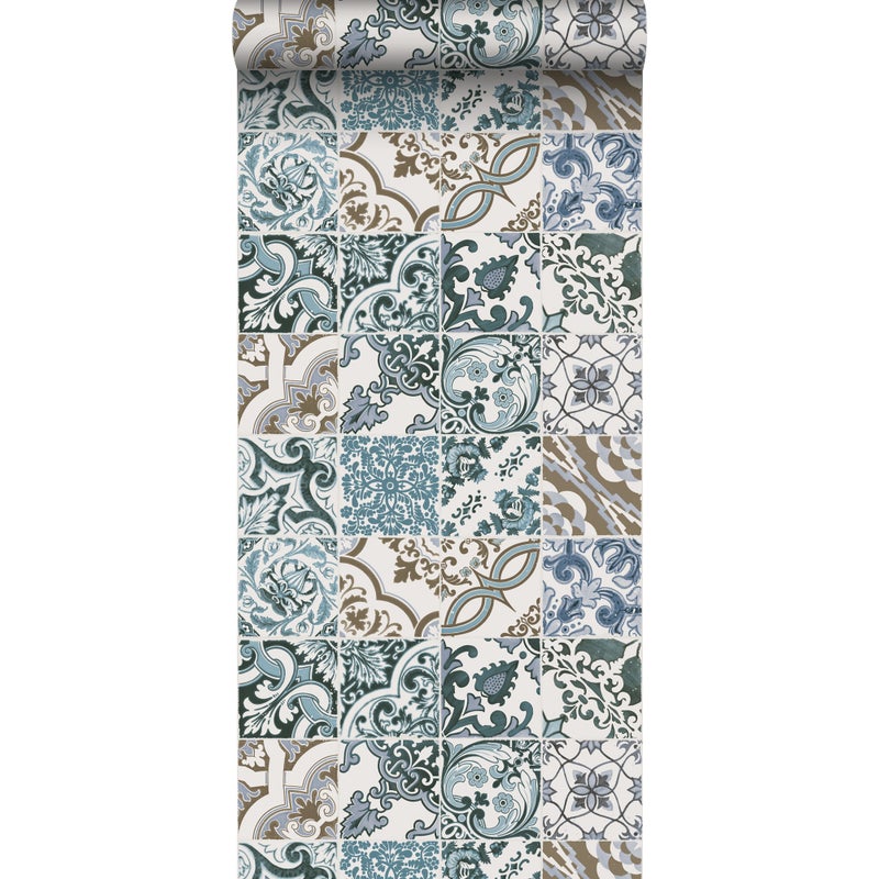 Tapeta motyw płytek niebieskimIbeżowym - 50 x 900 cm - ESTAHOME