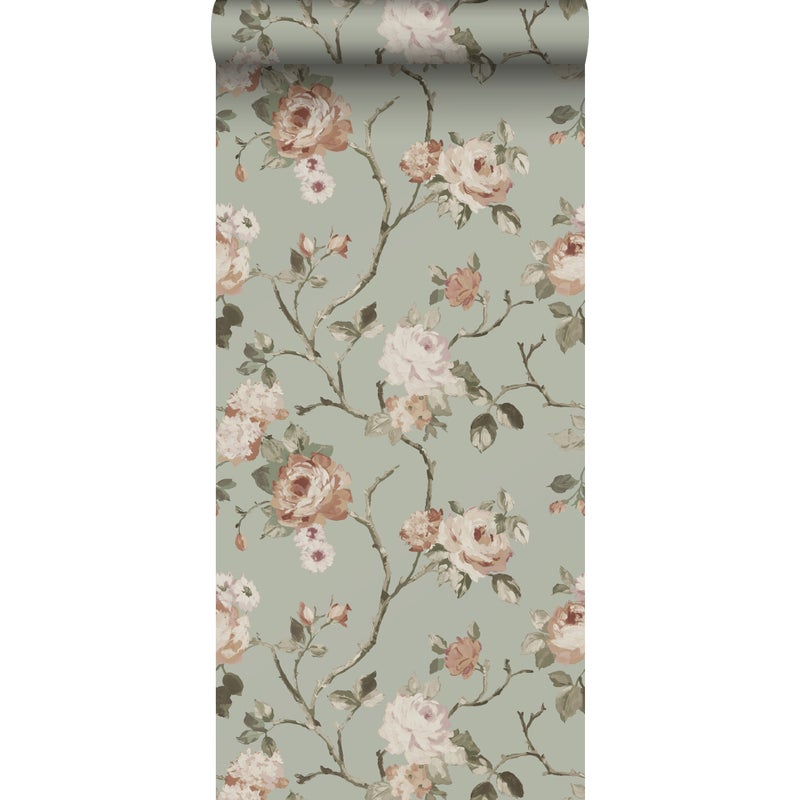 Tapeta zabytkowe kwiaty popielatej miętowej zieleniIdelikatnego różu - 53 cm x 10.05 m - ESTAHOME