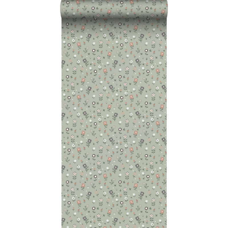 Tapeta kwiaty szaro zielonym - 53 cm x 10.05 m - ESTAHOME