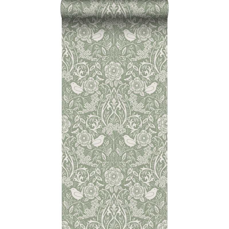 Tapeta kwiaty i ptaki w stylu secesyjnym szaro zielonym - 53 cm x 10.05 m - ESTAHOME