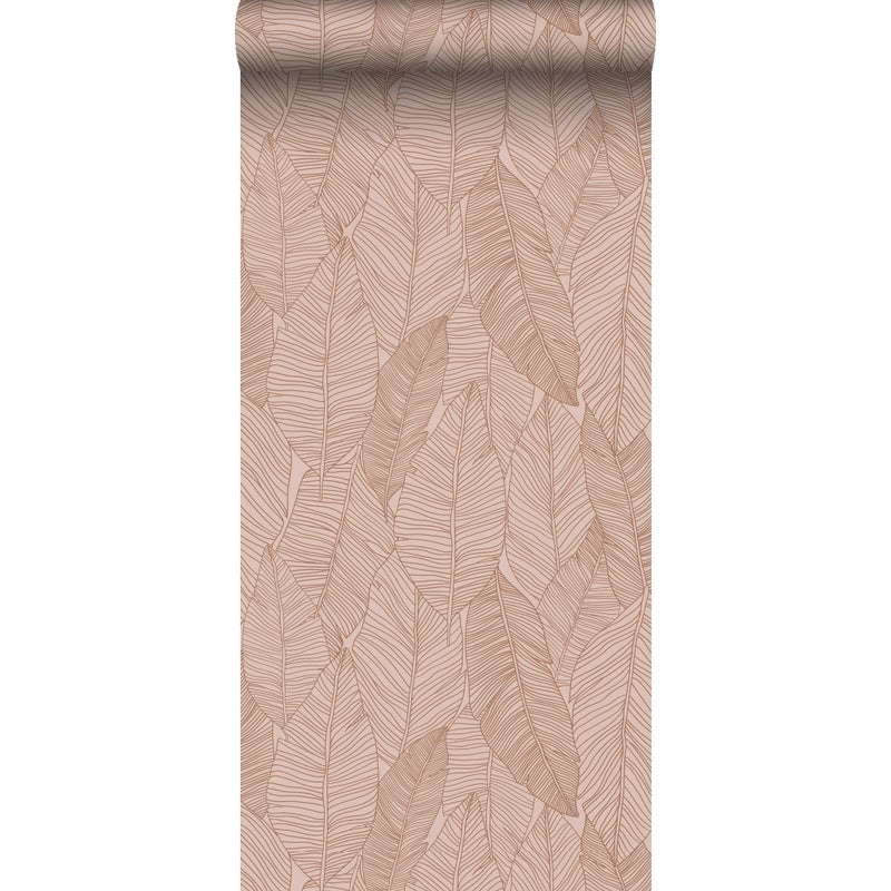 Tapeta narysowane liście terakoty różowej - 53 cm x 10.05 m - ESTAHOME