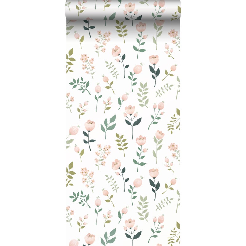Tapeta kwiaty białym,różowymIzielonym - 53 cm x 10.05 m - ESTAHOME