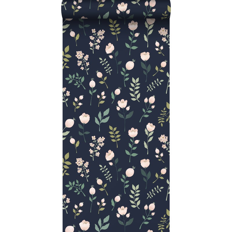 Tapeta kwiaty ciemnoniebieskim,różowymIzielonym - 53 cm x 10.05 m - ESTAHOME
