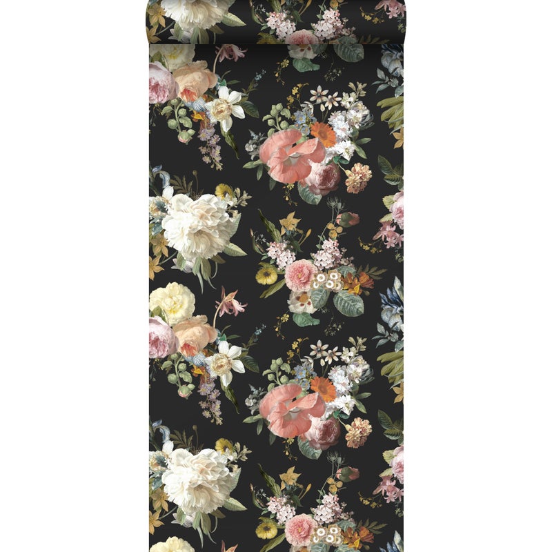 Tapeta zabytkowe kwiaty czarnym - 53 cm x 10.05 m - ESTAHOME