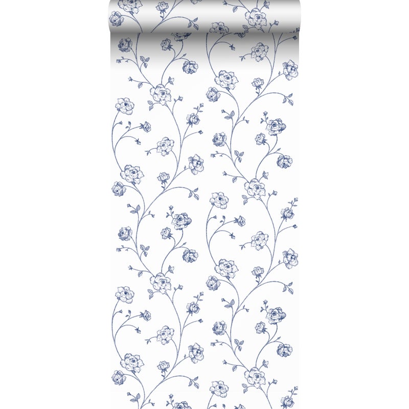 Tapeta róże toile de jouy białymIniebieskim - 53 cm x 10.05 m - ESTAHOME