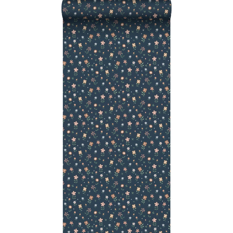 Tapeta kwiaty ciemnoniebieskim,terakota,zielonymIbiałym - 53 cm x 10.05 m - ESTAHOME