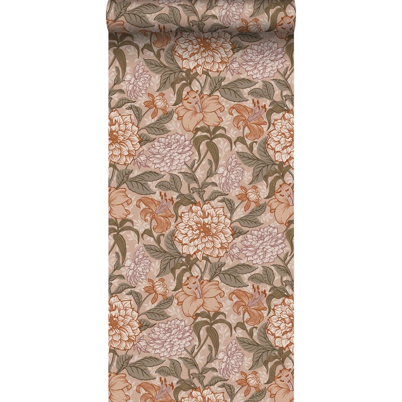 Tapeta zabytkowe kwiaty starego różu,szaro zielonymIterakoty różowej - 53 cm x 10.05 m - ESTAHOME