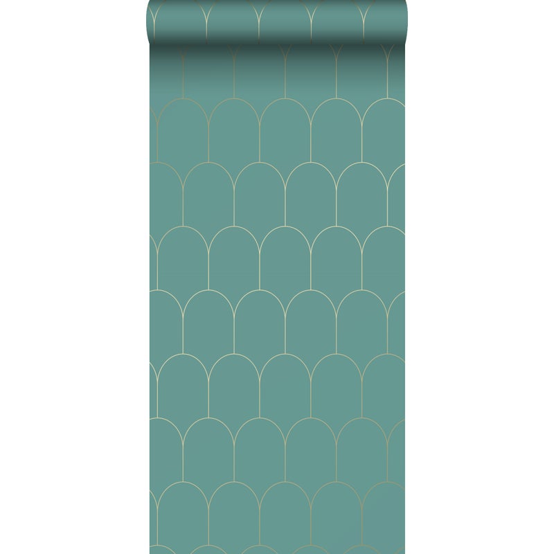 Tapeta motyw art déco morskiej zieleniIzłotym - 53 cm x 10.05 m - ESTAHOME