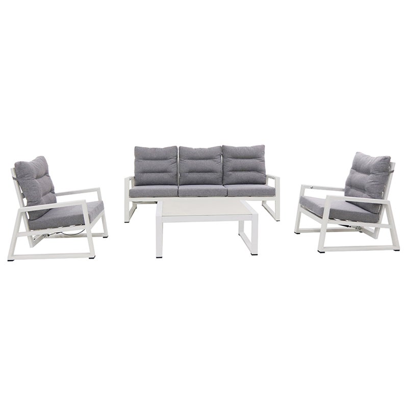 Tempo Style - Zestaw wypoczynkowy MIKONOS PLUS z aluminium, biało-szary Zestaw wypoczynkowy z sofą, stołem i 2 fotelami Zestaw mebli dla 5 osób