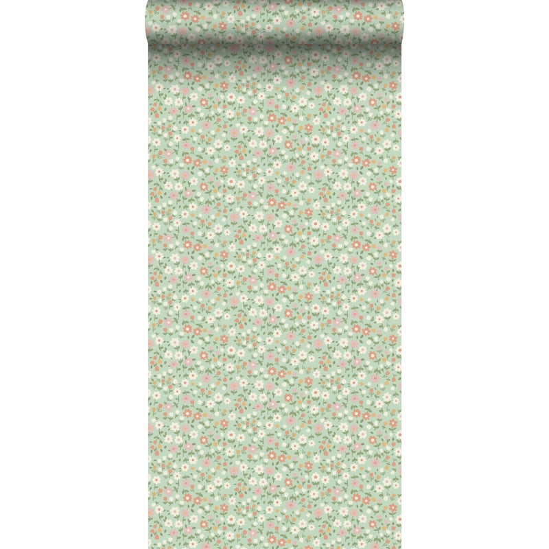 Tapeta kwiaty zielonym,terakoty różowejIbiałym - 50 x 900 cm - ESTAHOME