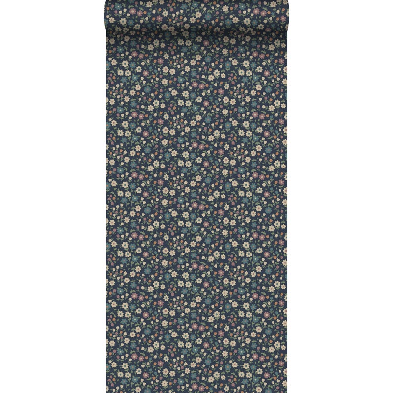Tapeta kwiaty ciemnoniebieskim,liliowym różuIszaro zielonym - 50 x 900 cm - ESTAHOME