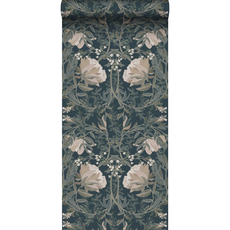 Tapeta vintage kwiaty w stylu secesyjnym ciemnoniebieskim - 53 cm x 10.05 m - ESTAHOME