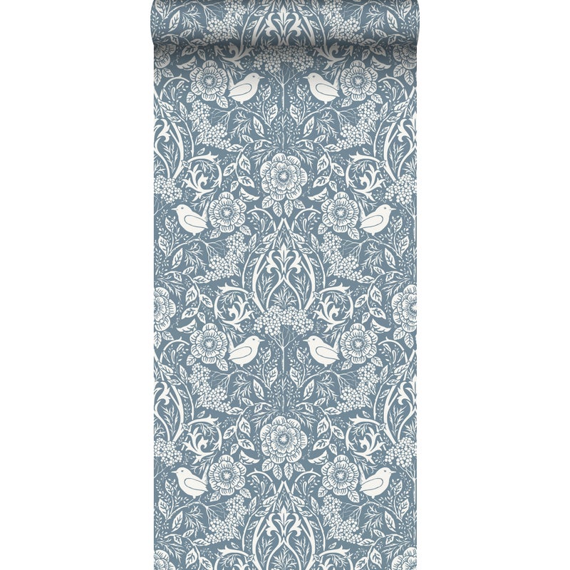 Tapeta kwiaty i ptaki w stylu secesyjnym szaro-niebieskim - 53 cm x 10.05 m - ESTAHOME