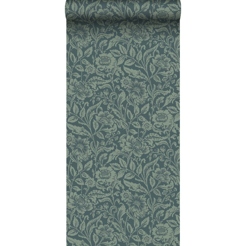 Tapeta zabytkowe kwiaty ciemnoniebieskimIszaro zielonym - 53 cm x 10.05 m - ESTAHOME
