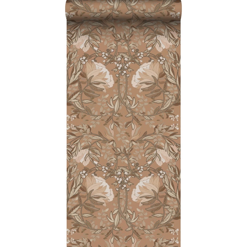 Tapeta vintage kwiaty w stylu secesyjnym brązowymIdelikatnego różu - 50 x 900 cm - ESTAHOME