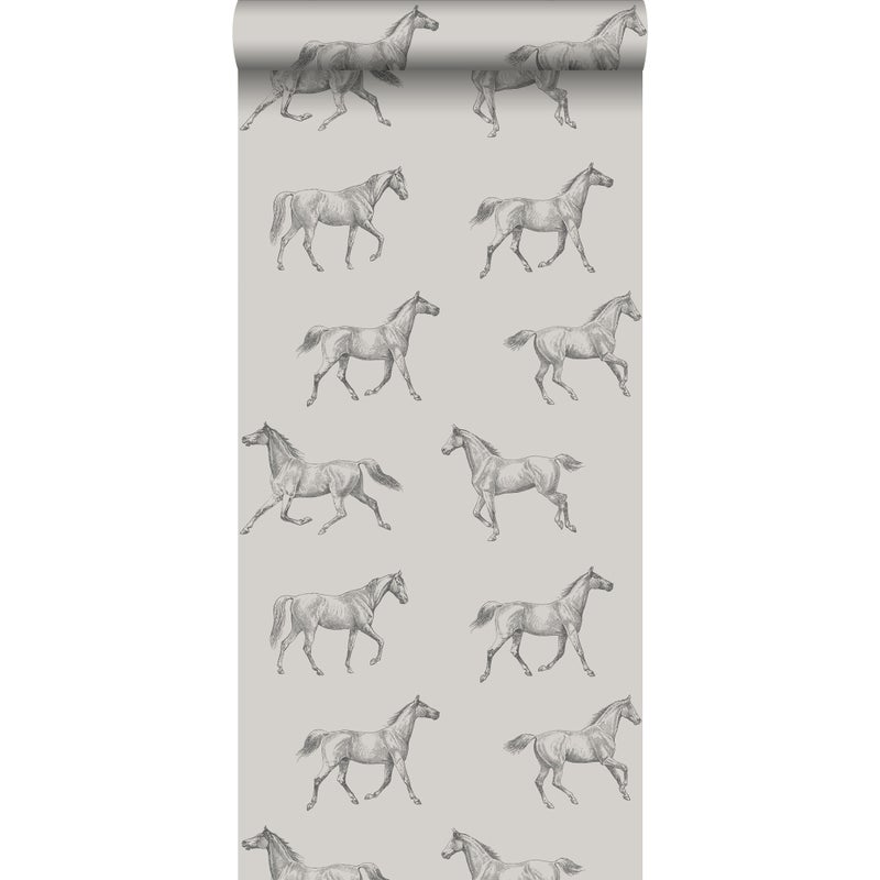 Tapeta rysowane konie ciemny beż - 53 cm x 10.05 m - ESTAHOME