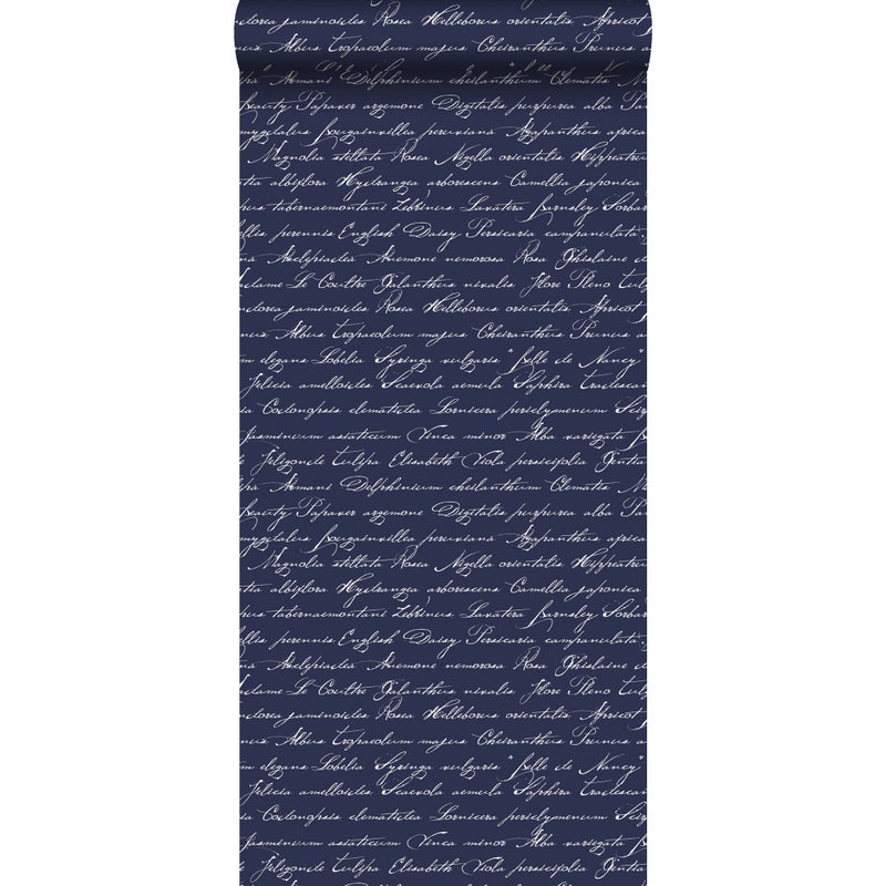 Tapeta odręczne łacińskie nazwy kwiatów ciemnoniebieskim - 53 cm x 10.05 m - ESTAHOME