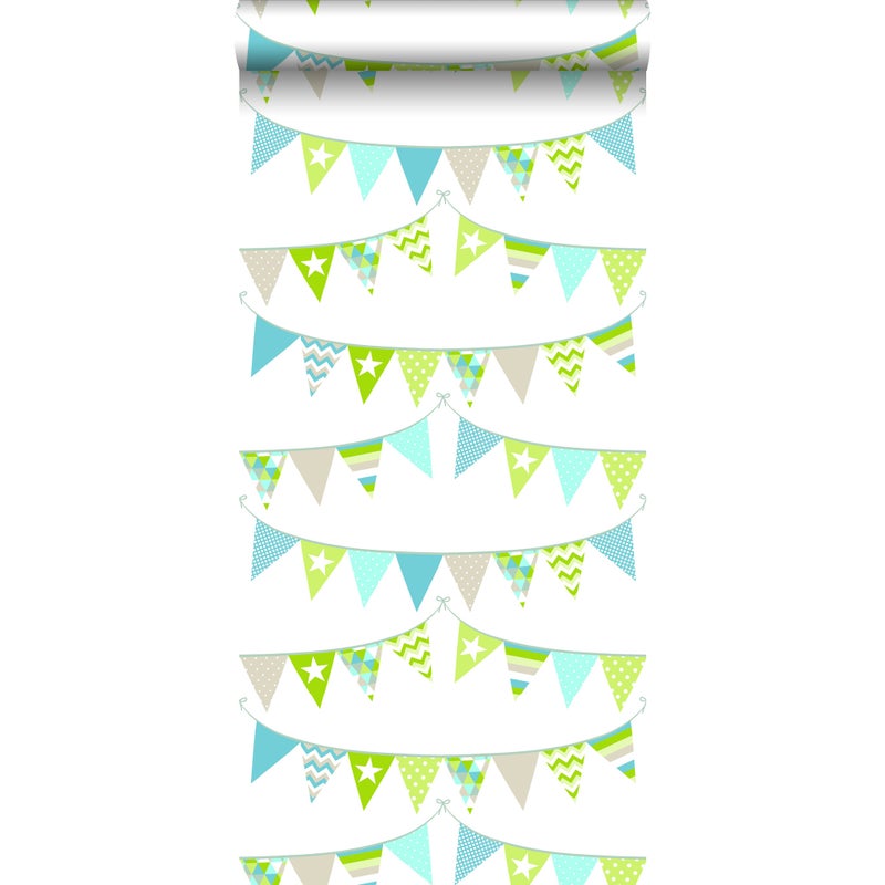 Tapeta flagi turkusowym,limonkowej zieleniIbeżowym - 53 cm x 10.05 m - ESTAHOME