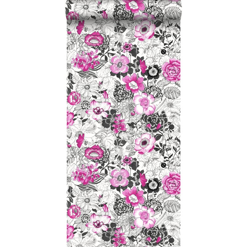 Tapeta kwiaty różowymIczarnym - 53 cm x 10.05 m - ESTAHOME