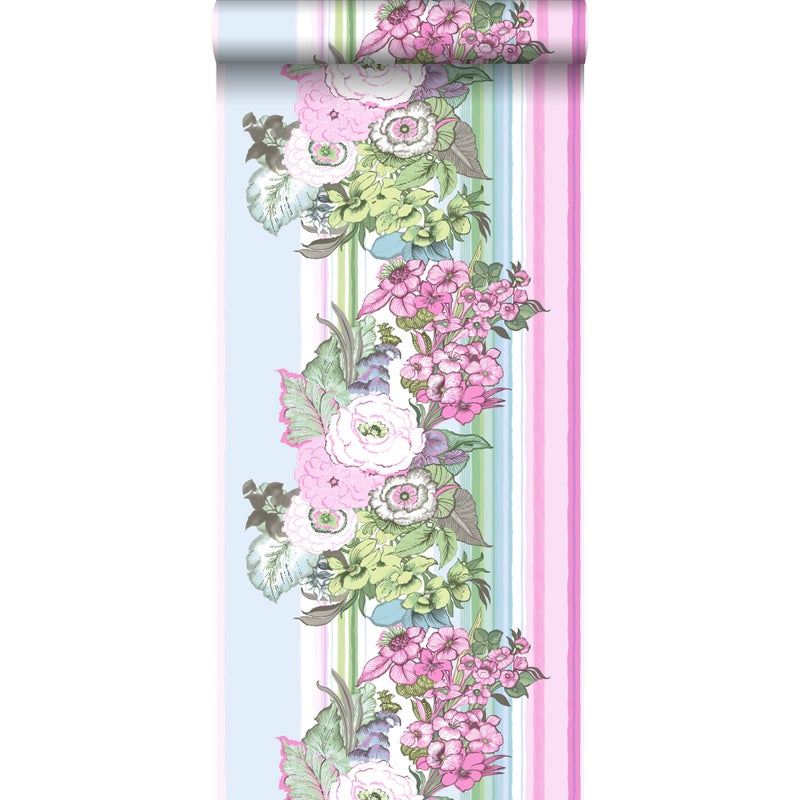Tapeta zabytkowe kwiaty jasnego różuIturkusowym - 53 cm x 10.05 m - ESTAHOME